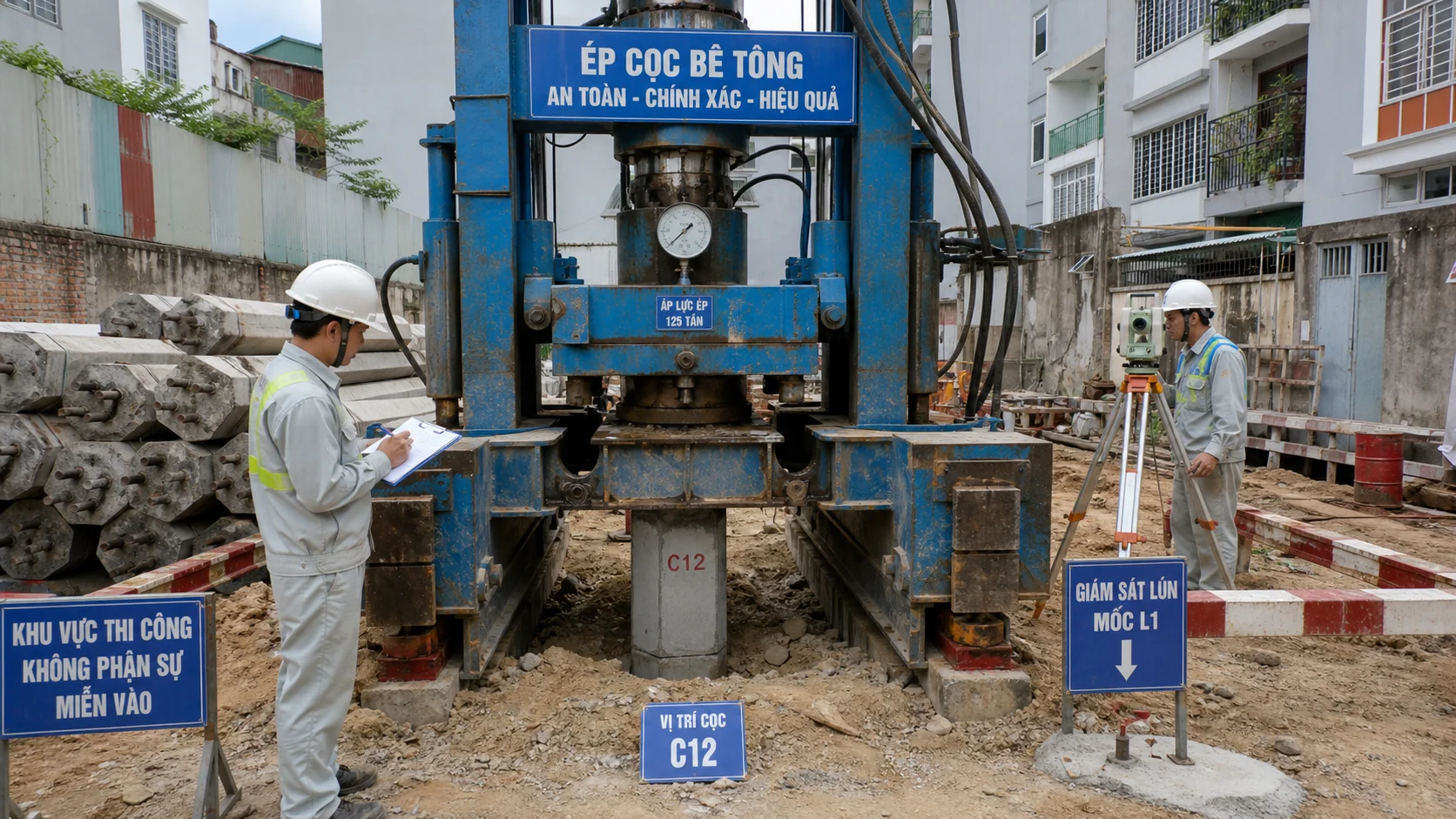 Kỹ thuật ép cọc bê tông cốt thép: Kiểm tra lực ép Pmin - Pmax đúng chuẩn