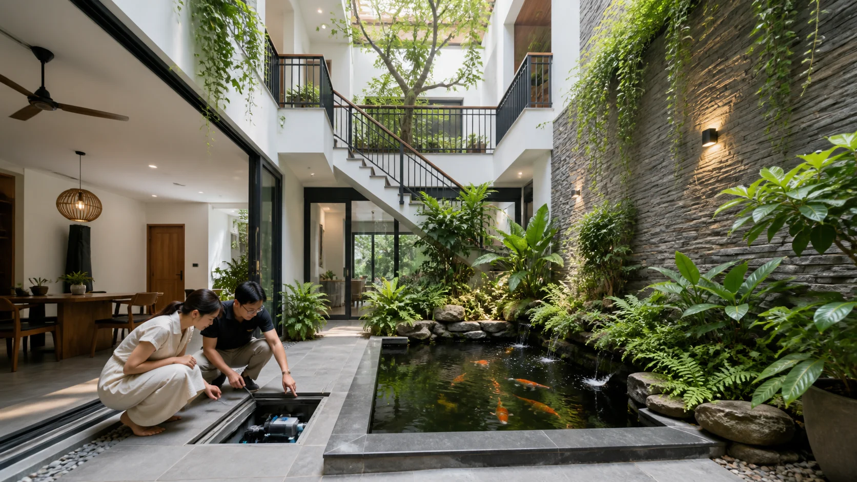 Bố trí giếng trời và hồ cá Koi chuẩn phong thủy tăng vượng khí
