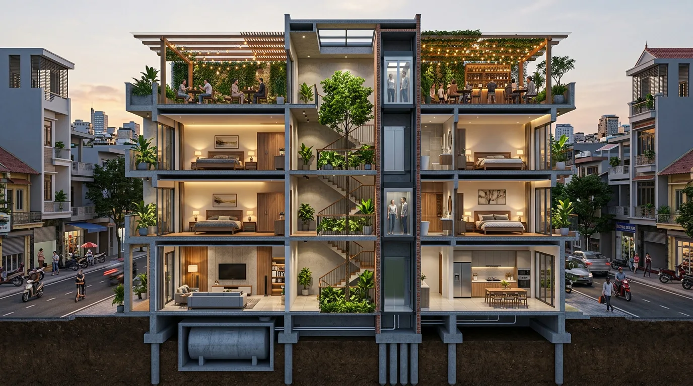 Mặt cắt 3D nhà phố trọn gói 4 tầng H77CONS