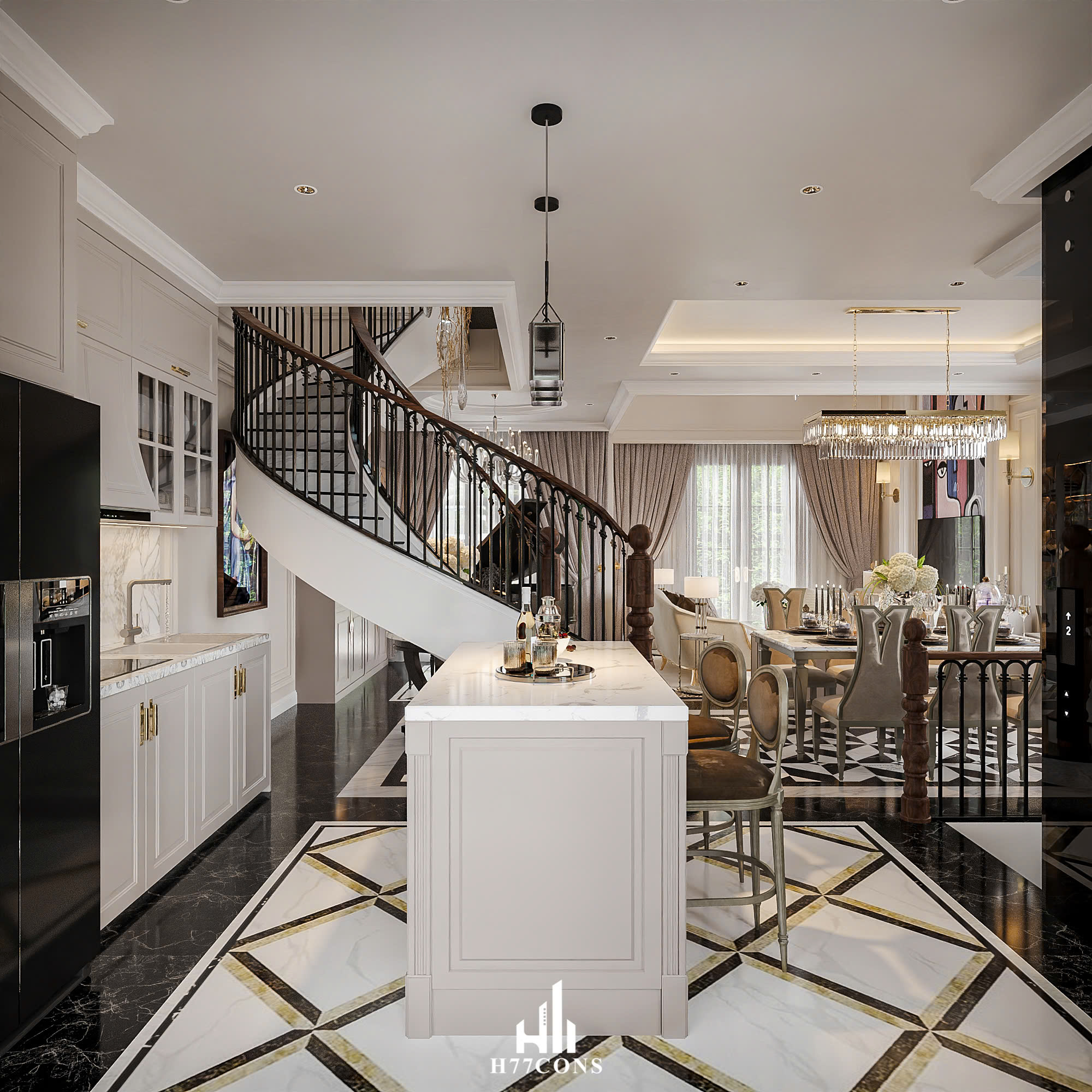 Hình thiết kế không gian bếp Nhà Phố Mr. Khánh - Vinhome Grand Park Quận 9 - TP.HCM
